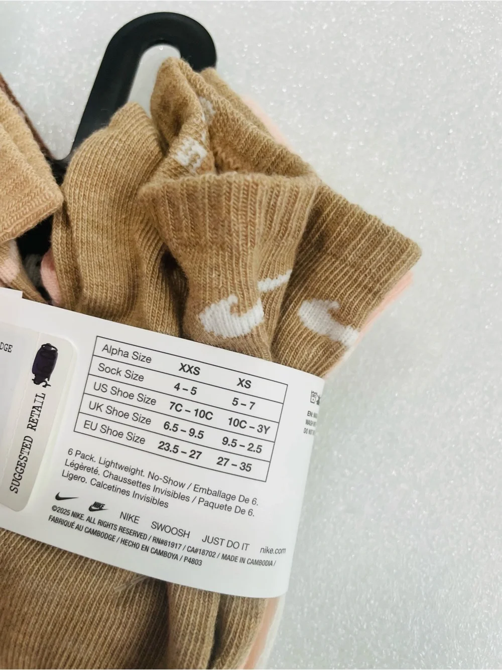 Nike 6-Pack Low Cut Socks - Tan with Pink Trim
